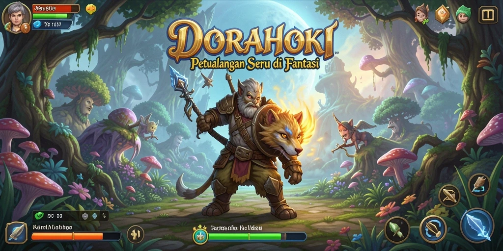 Tampilan gameplay DORAHOKI dengan karakter berpetualang di dunia fantasi.