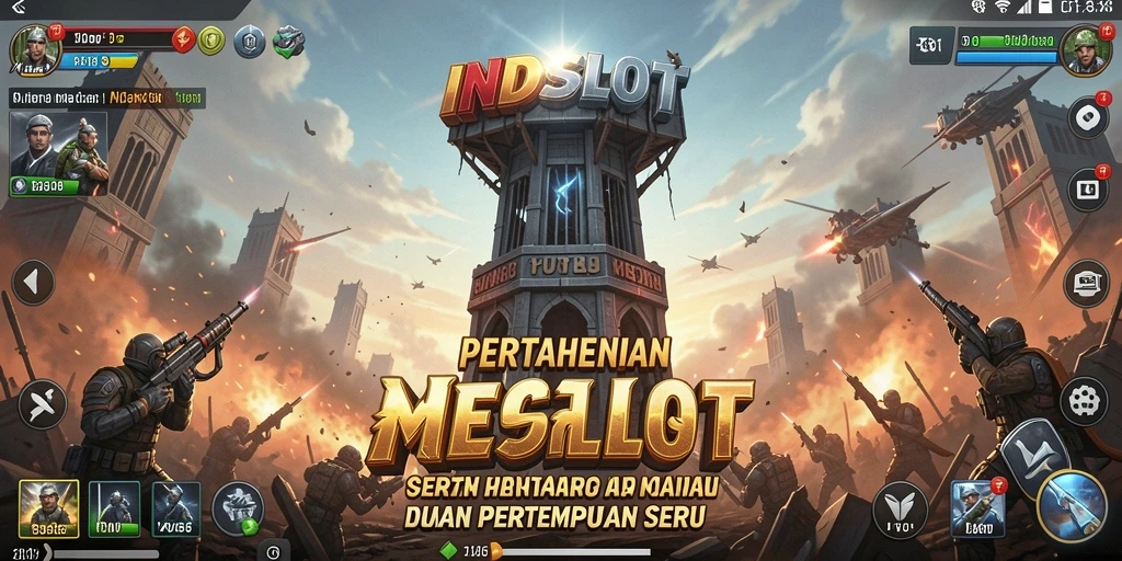 Screenshot INDSLOT dengan aksi menara bertahan melawan gelombang musuh.