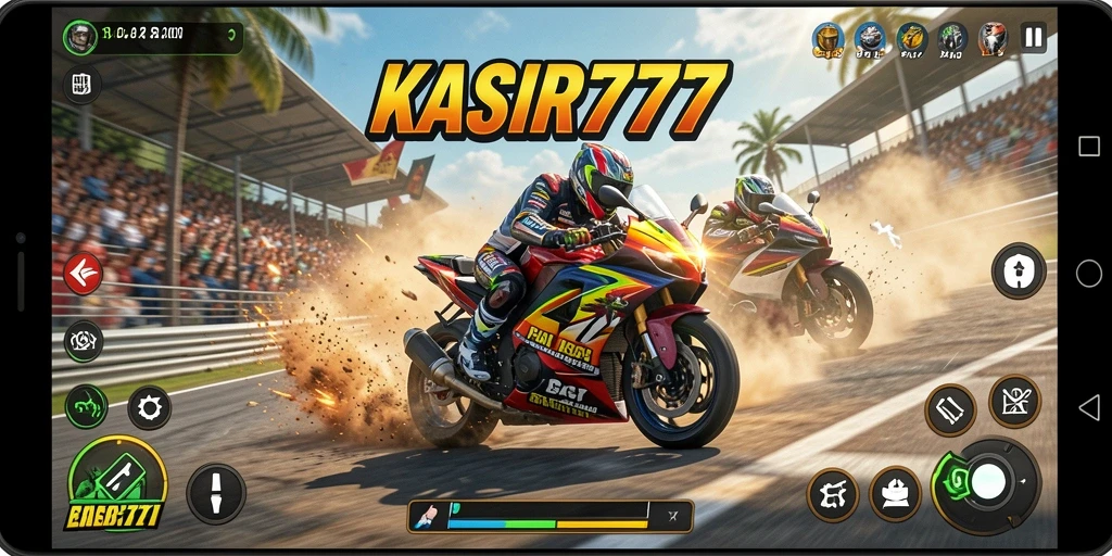 Screenshot gameplay KASIR777 menunjukkan aksi balap motor yang mendebarkan.