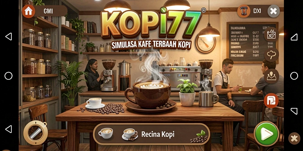 Gameplay KOPI77 yang menarik dengan desain kafe yang kreatif.