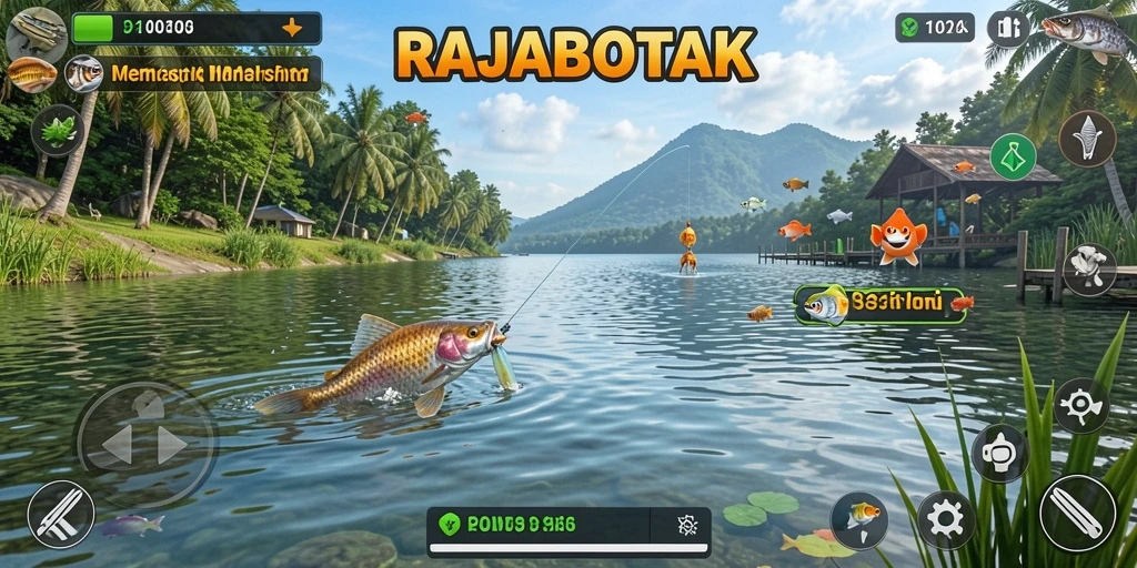Tampilan gameplay RAJABOTAK yang menarik saat memancing ikan di laut.