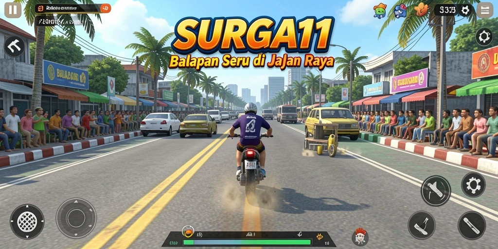 Screenshot utama SURGA11 menunjukkan aksi balapan yang mendebarkan.